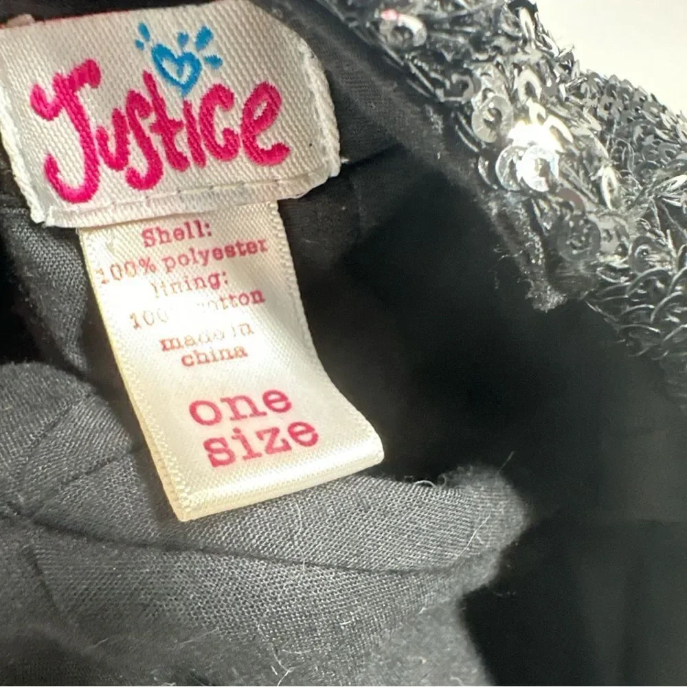 Justice Sequin Black Cadet Style Cap One Size Black Silver Elastic Back